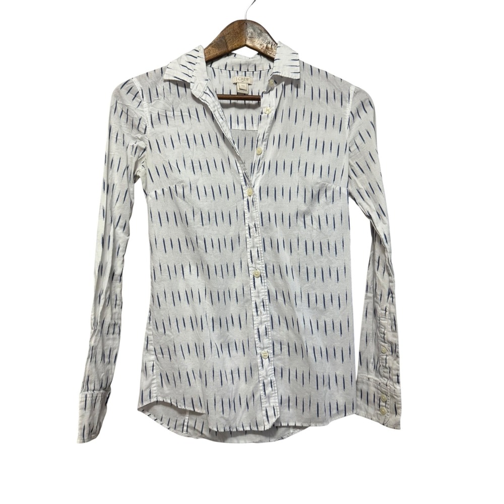 J.Crew Button Down Shirt Womens XXS White Blue Ikat Print Excellent 23871